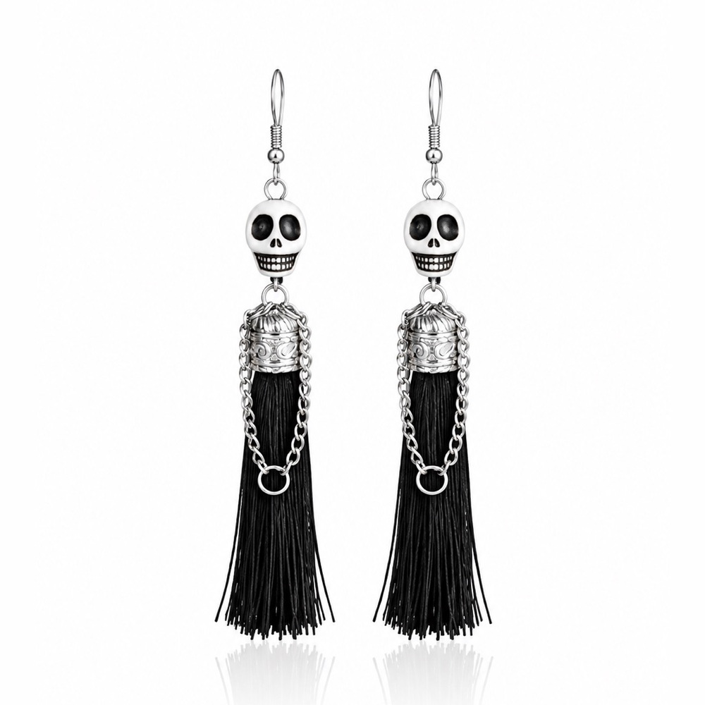 Skull Tassel Drop Earrings - Black